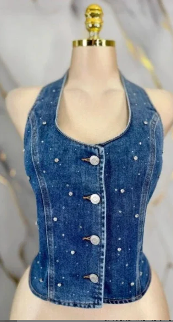 Lizette Collection Rhinestone Denim Halter Top Vest Medium Wash Blue