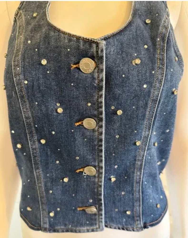 Lizette Collection Rhinestone Denim Halter Top Vest Medium Wash Blue