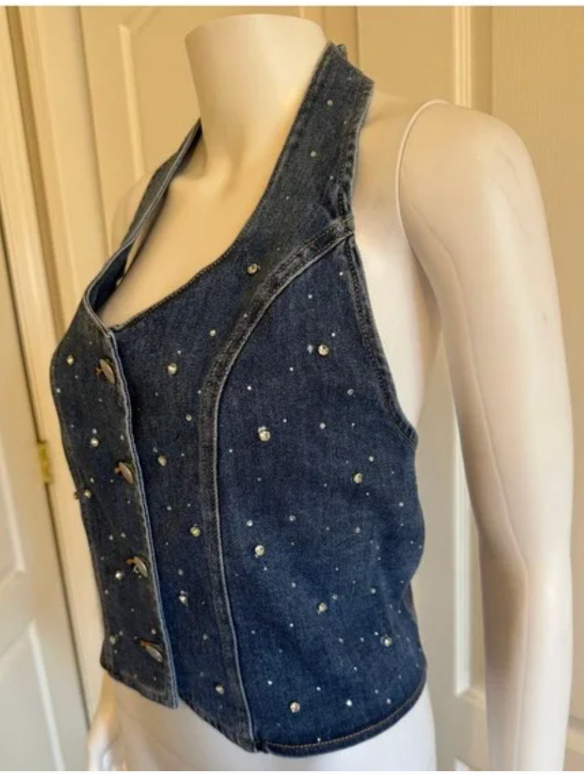 Lizette Collection Rhinestone Denim Halter Top Vest Medium Wash Blue