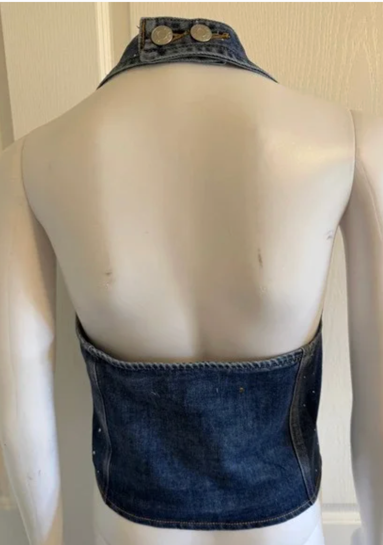 Lizette Collection Rhinestone Denim Halter Top Vest Medium Wash Blue