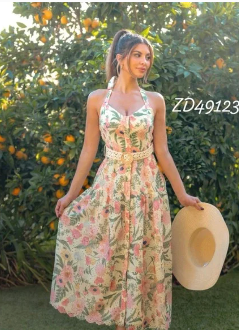A.Peach Floral Eyelet Halter Midi Dress with Crochet Belt Cream Pink
