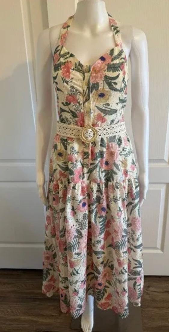 A.Peach Floral Eyelet Halter Midi Dress with Crochet Belt Cream Pink