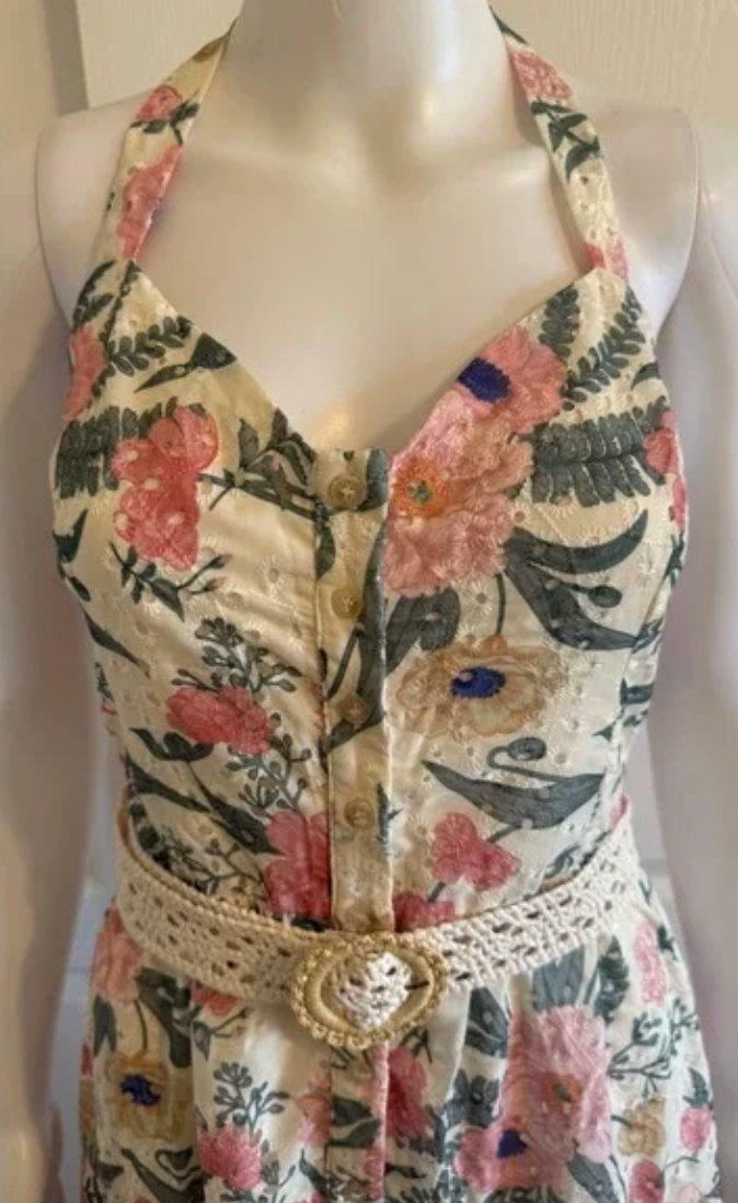 A.Peach Floral Eyelet Halter Midi Dress with Crochet Belt Cream Pink