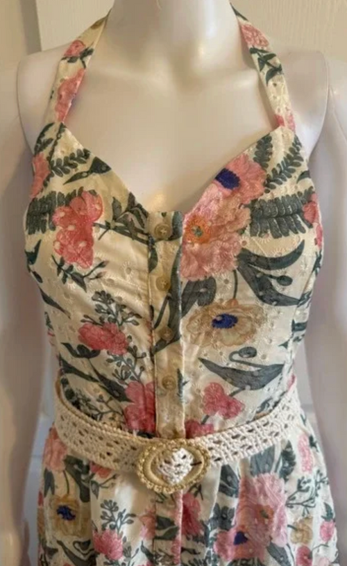 A.Peach Floral Eyelet Halter Midi Dress with Crochet Belt Cream Pink