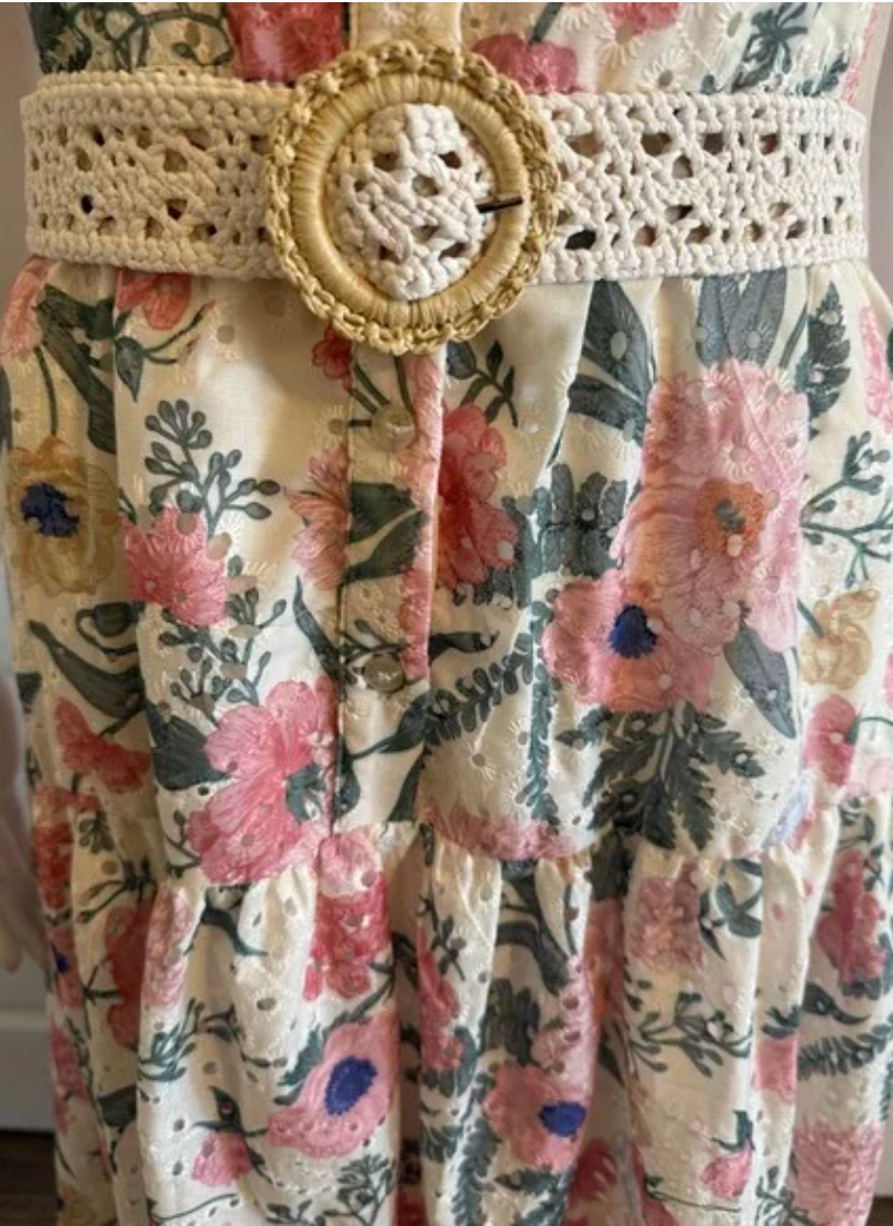 A.Peach Floral Eyelet Halter Midi Dress with Crochet Belt Cream Pink