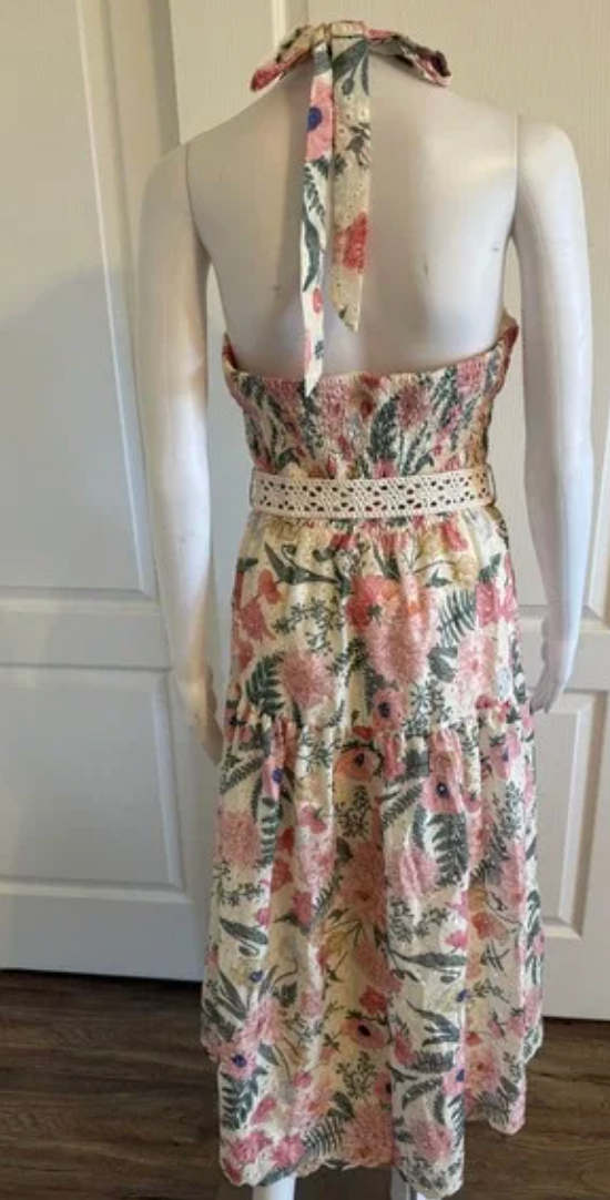 A.Peach Floral Eyelet Halter Midi Dress with Crochet Belt Cream Pink