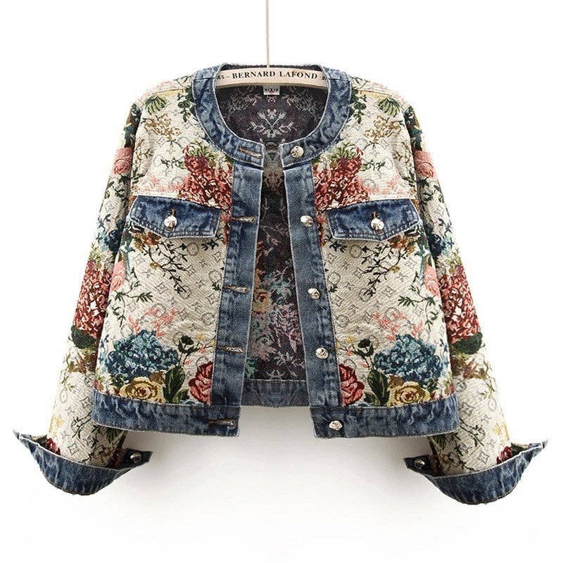 Vintage-inspired denim jacket romantic floral tapestry