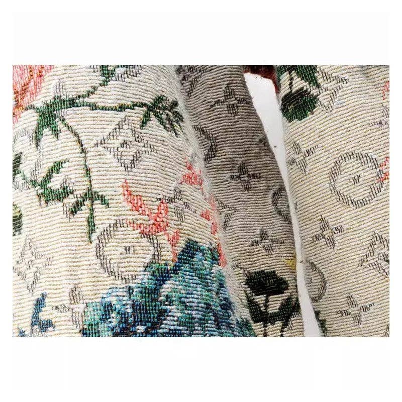 Vintage-inspired denim jacket romantic floral tapestry
