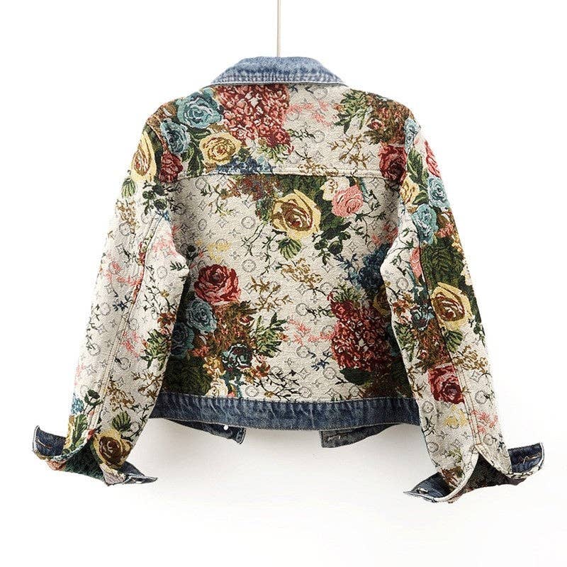 Vintage-inspired denim jacket romantic floral tapestry