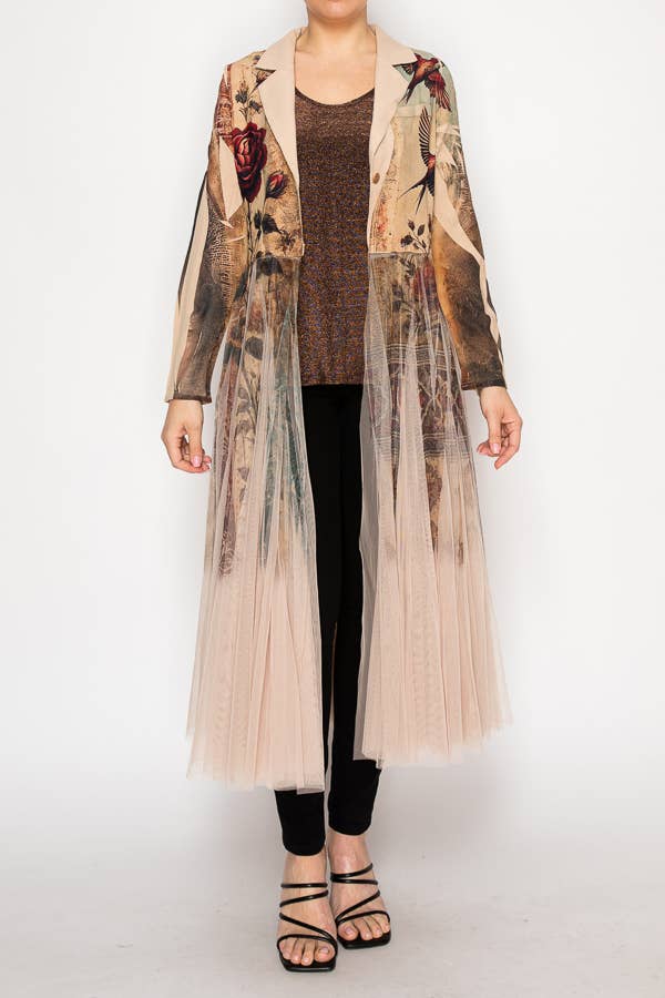 Chic Contrast Longline Blazer Jacket With Mesh Tulle Panel