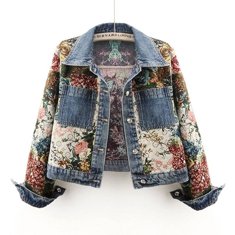 Vintage-inspired denim jacket romantic floral tapestry