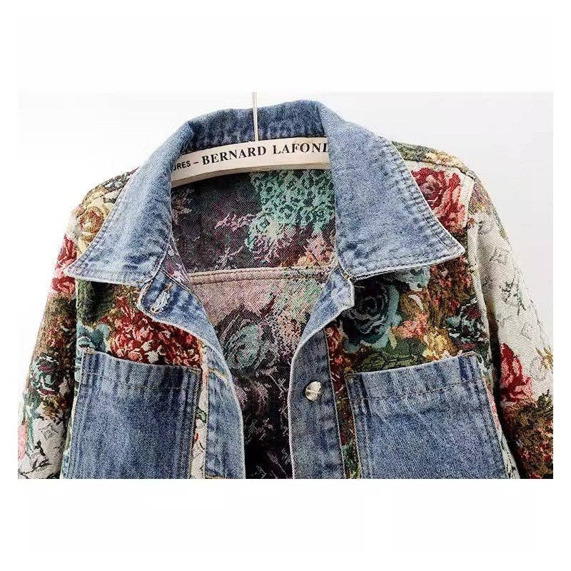 Vintage-inspired denim jacket romantic floral tapestry