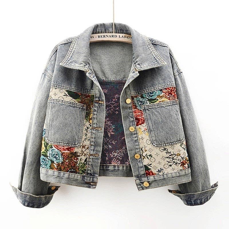 Vintage-inspired denim jacket romantic floral tapestry