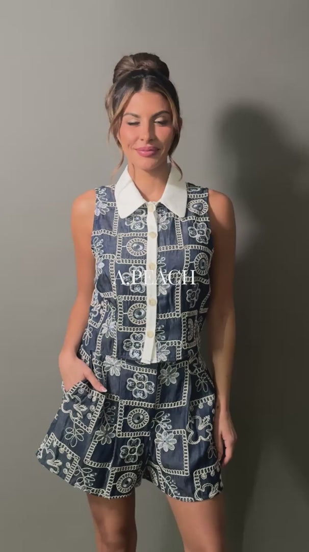 Embroidered Collar Vest and Shorts Set