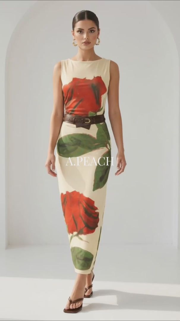 Round Neck Rose Printed Maxi Dress